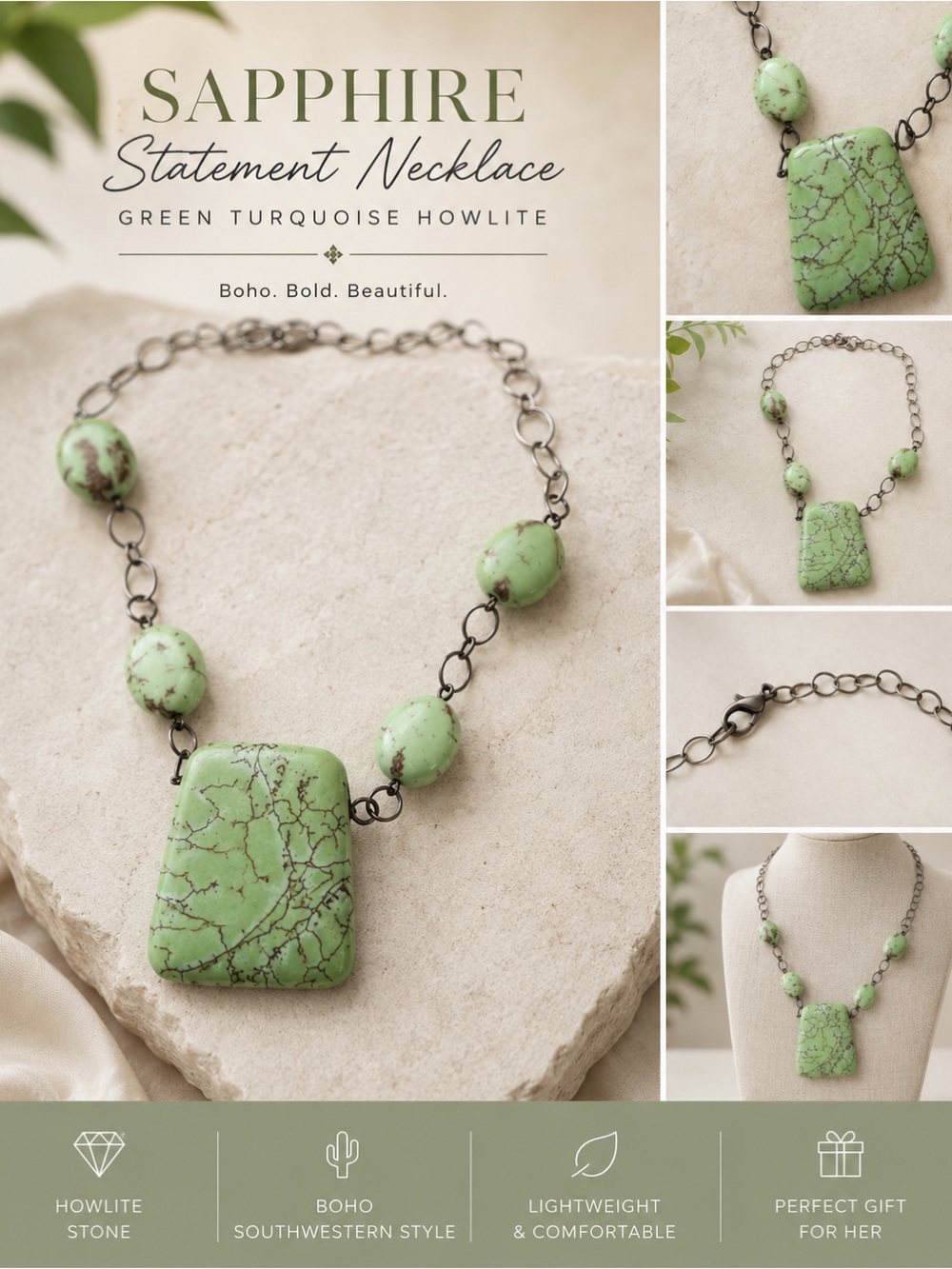 Sapphire Statement Necklace Green Turquoise Howlite Pendant | Boho Southwestern